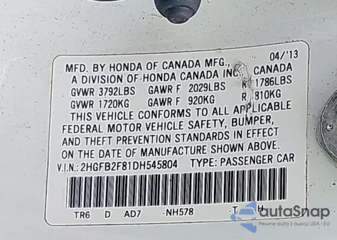 2013 Honda Civic Ex z USA, uszkodzony, nr VIN 2HGFB2F81DH545804